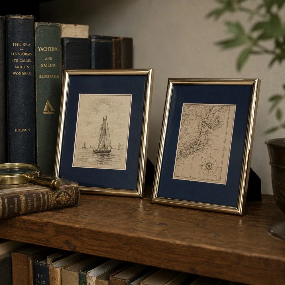 Vintage Brass Frames Set of 2 Charcoal Mat Library Shelf Decor 5x7 Frames